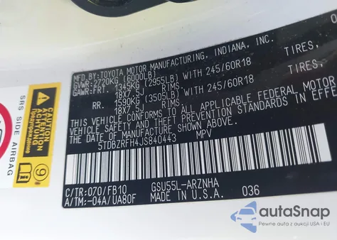 2018 Toyota Highlander Le из США, поврежденный, VIN 5TDBZRFH4JS840443